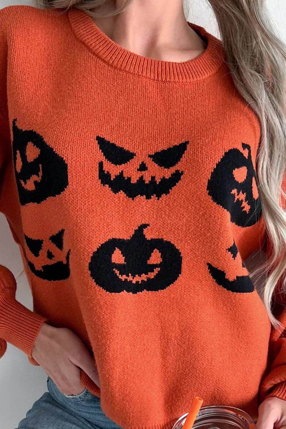 Pumpkin Pattern Round Neck Sweater - Fashions Envy