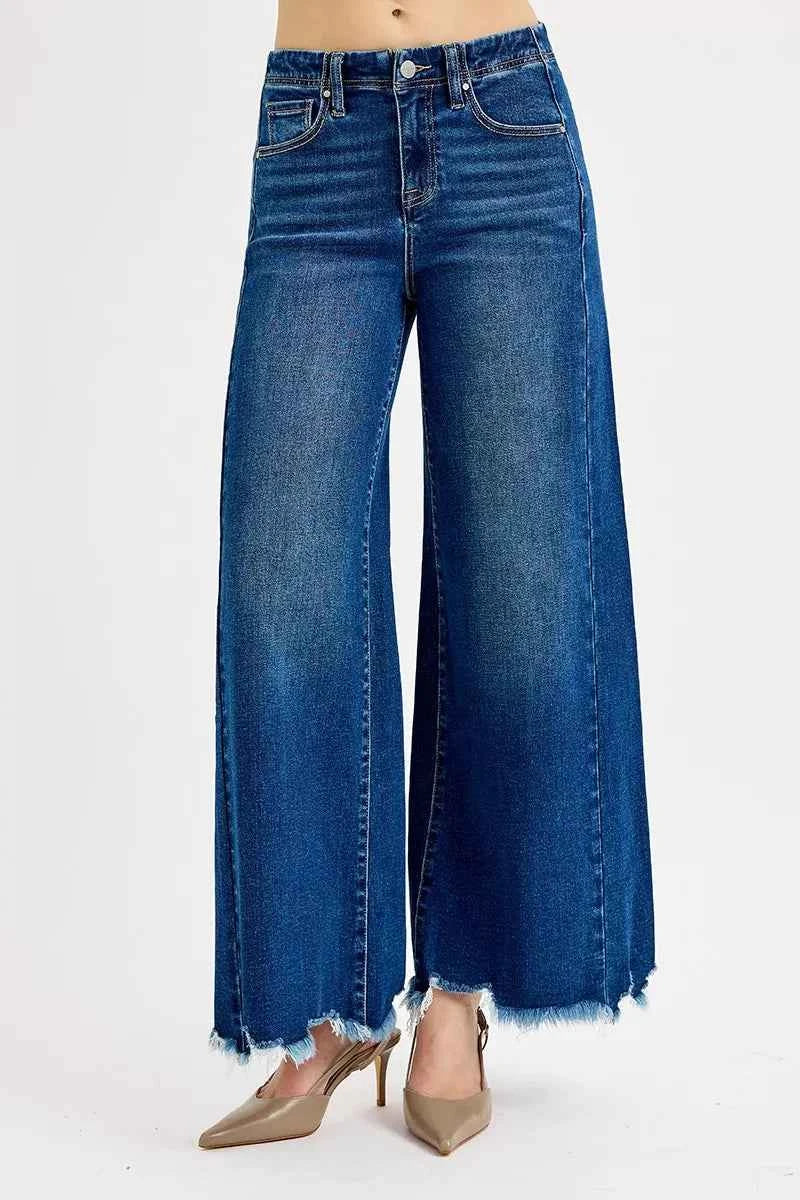 RISEN Wide Leg Jeans - Ankle Length Dark Wash Denim