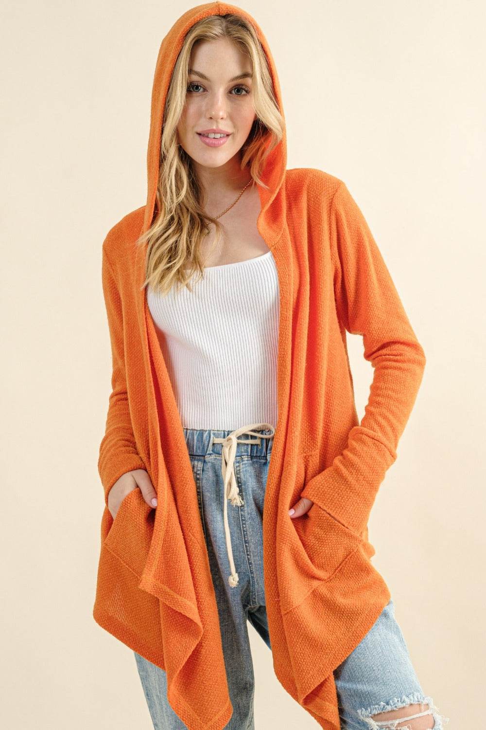 And The Why Full Size Thermal Hooded Open Front Cardigan with Pockets - Fashions Envy