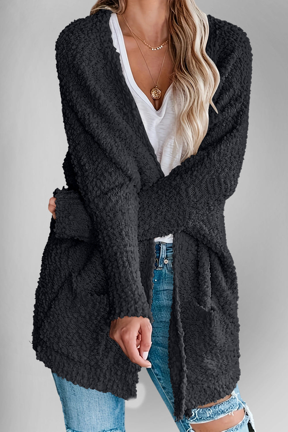 Double Take Pocketed Open Front Long Sleeve Cardigan - Fashions Envy