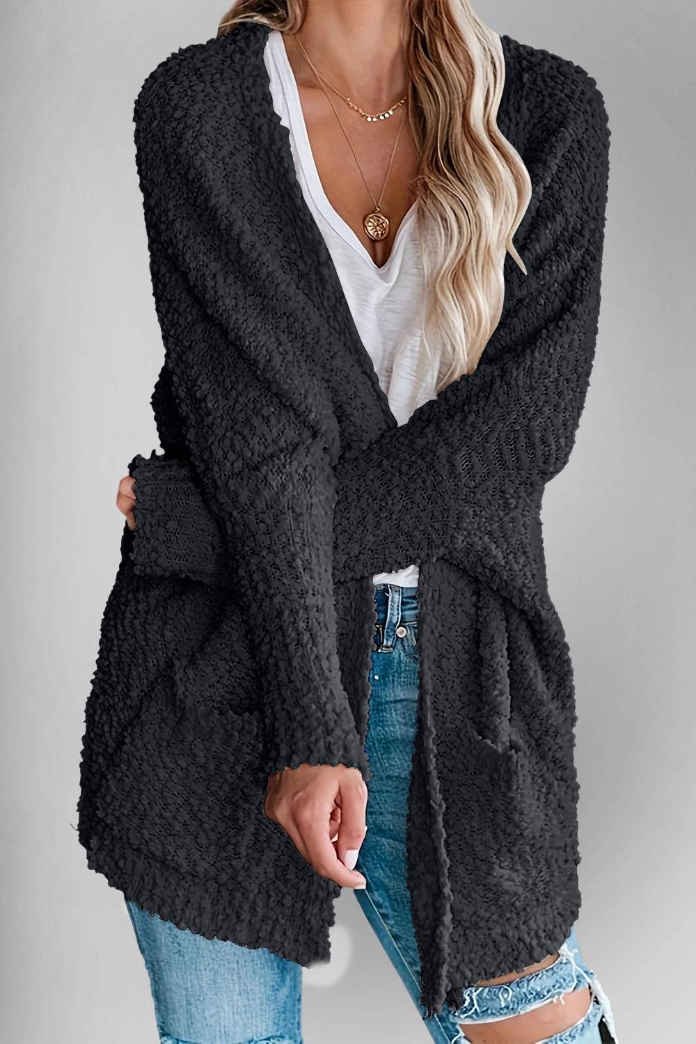 Double Take Pocketed Open Front Long Sleeve Cardigan - Fashions Envy