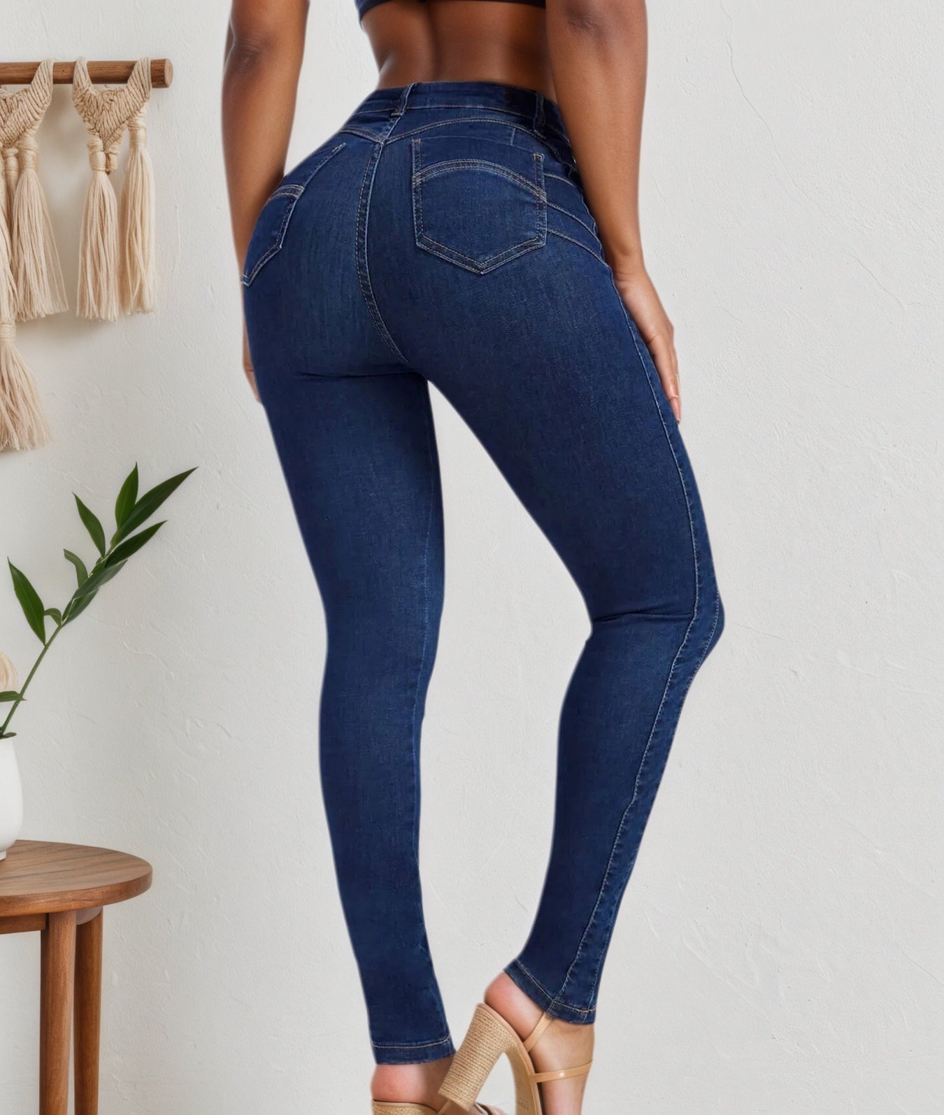 High Waist Slim Jeans - Stretchy Fit Classic Blue Denim
