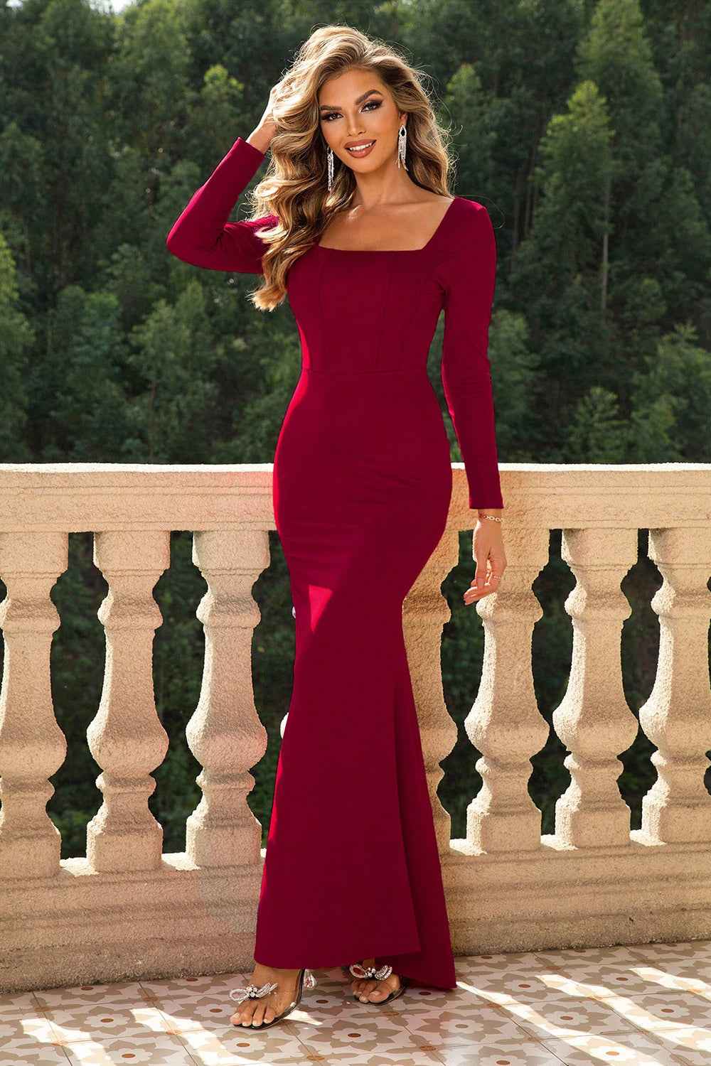 Square Neck Maxi Dress - Long Sleeve Fitted Minimalist