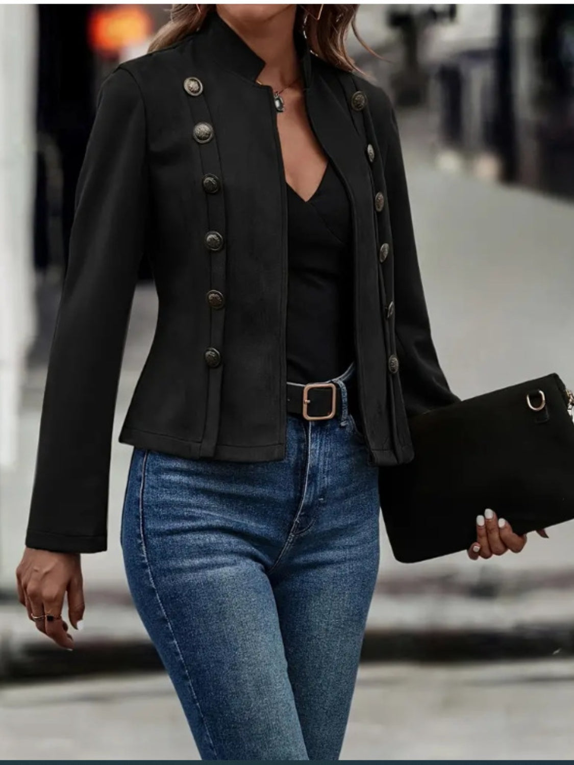 Decorative Button Open Front Long Sleeve Jacket - Fashions Envy