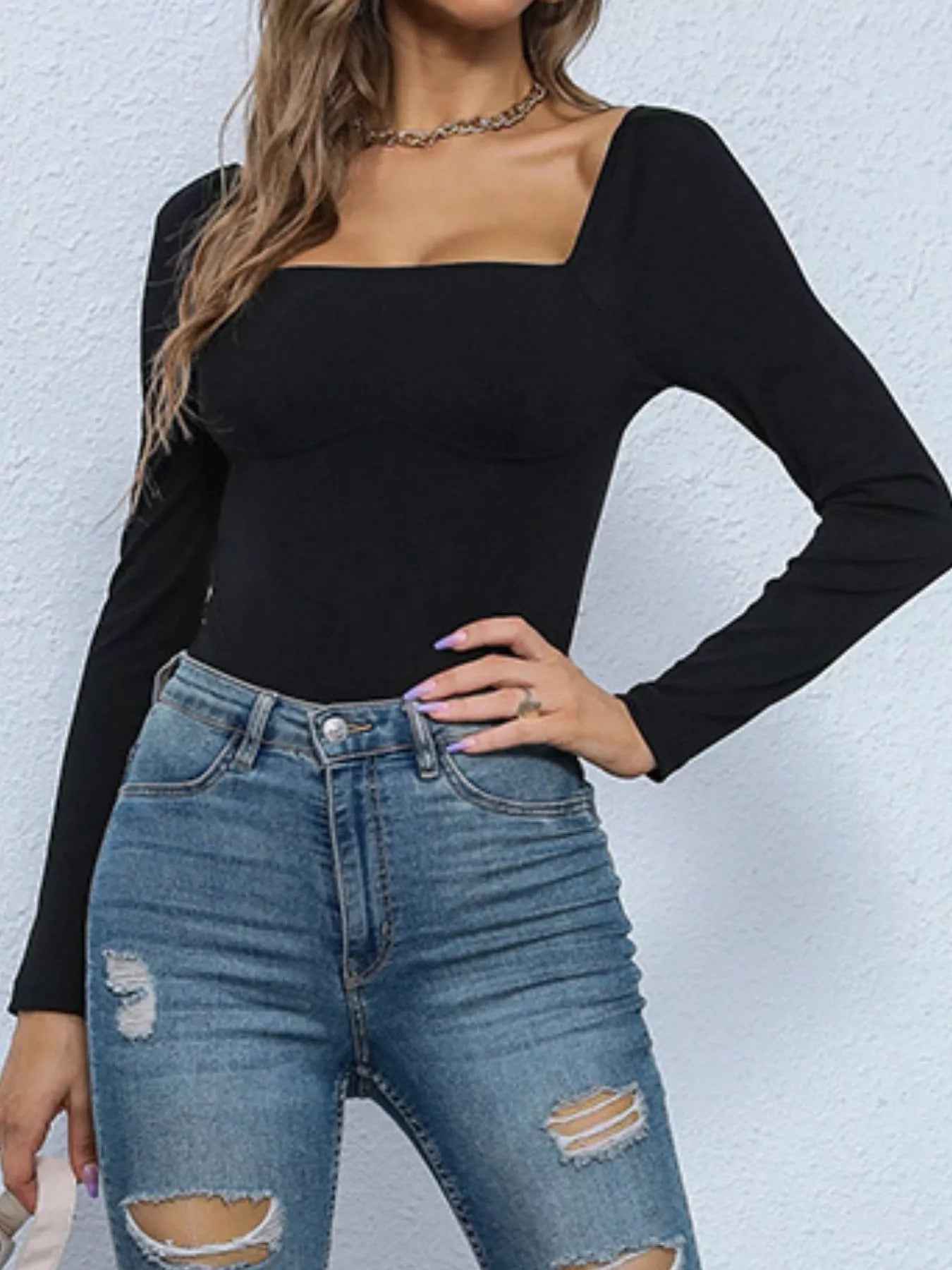 Square Neck Long Sleeve Bodysuit - Fashions Envy