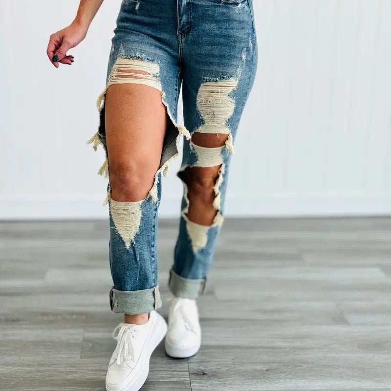 High-Waist Heavy Destroy Jeans - Distressed Ripped Denim