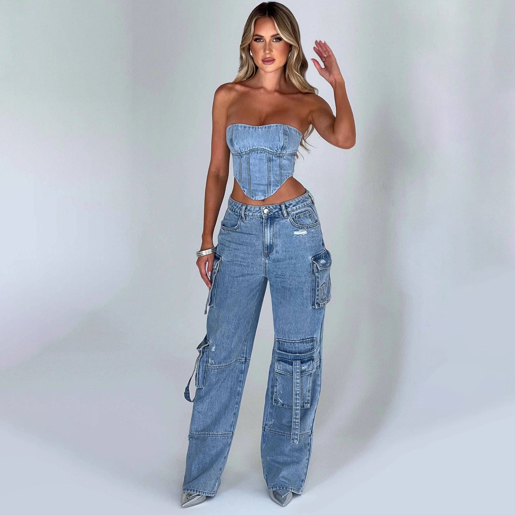 Low Waist Three-dimensional Tube Top and Pocket Stitching Cargo Jeans