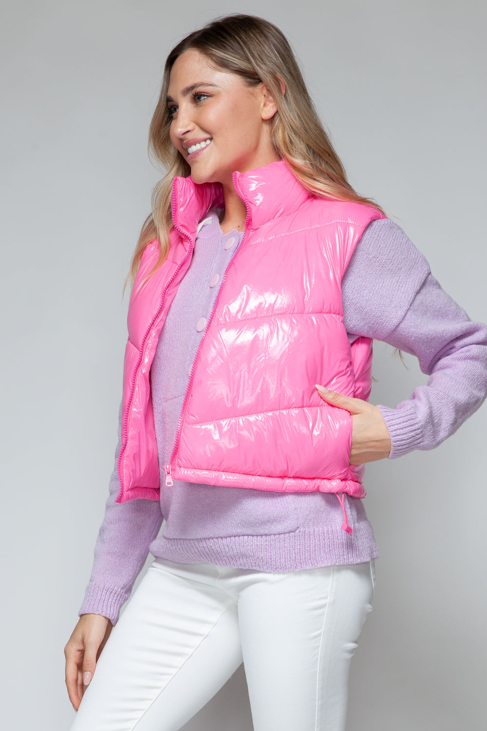 Snobbish Zip Up Turtleneck Shiny Quilted Vest - Fashions Envy