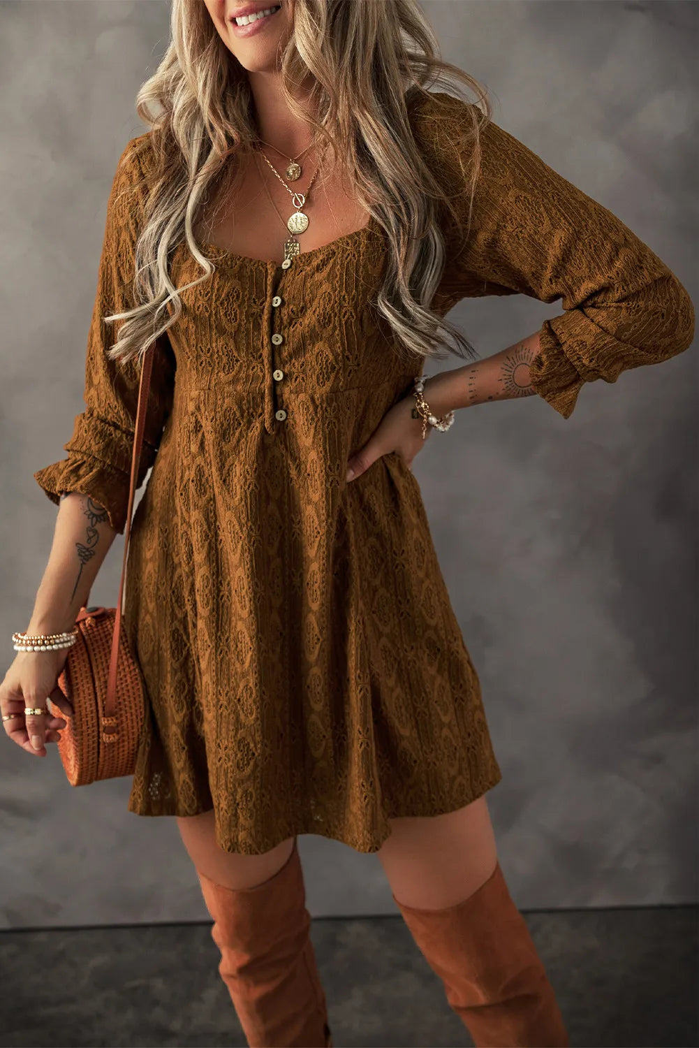 Decorative Button Textured Square Neck Mini Dress