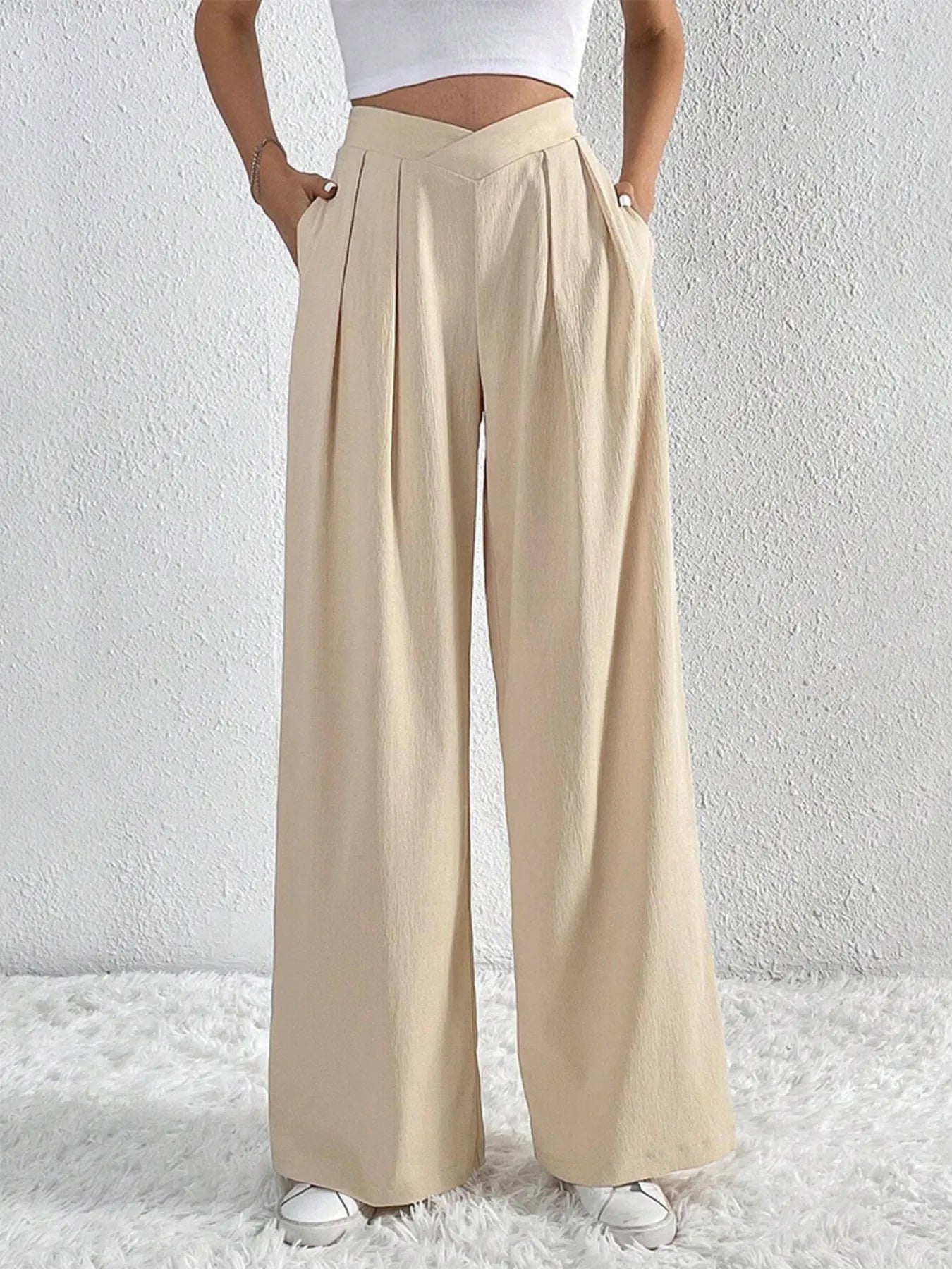 Trendsi Ruched Pants in Beige with a High-Waisted and Wide-Leg Design for Stylish Outfits