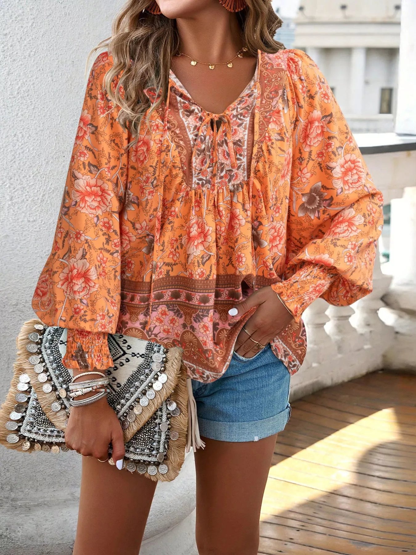 Bohemian Blouse - Floral Print Tie Neck - Fashions Envy