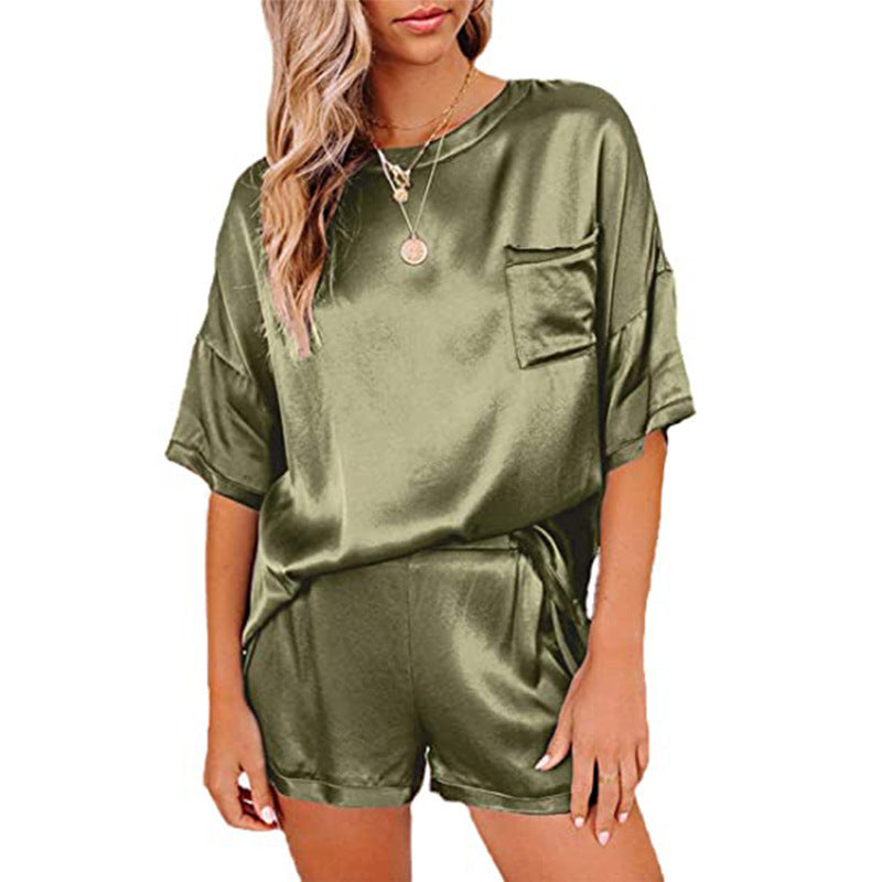 Silk Pajama Set - Short Sleeve Sleepwear Loungewear