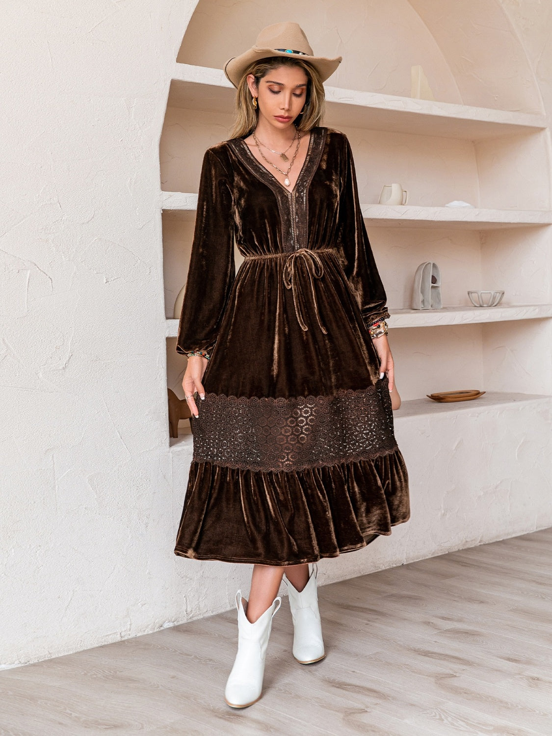 Chocolate Drawstring V-Neck Crochet Dress