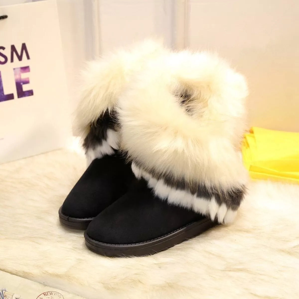Fluffy Fur Cuff Round Toe Boots - Fashions Envy
