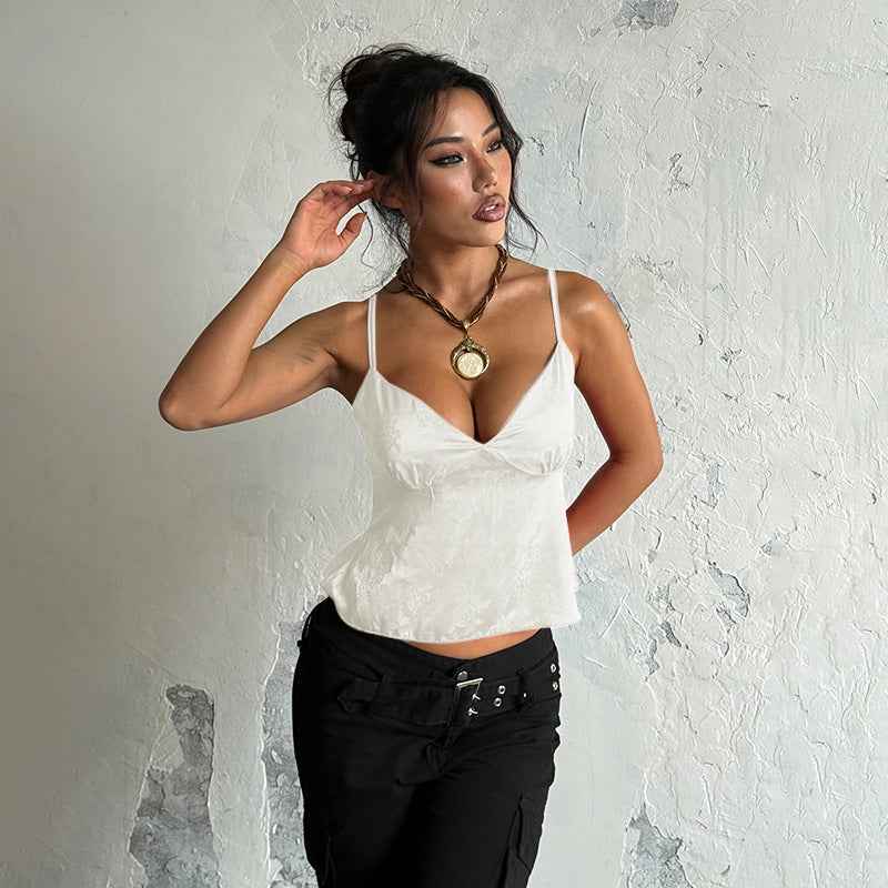 Satin Jacquard Slip Cami Top - V-Neck Loose Fit