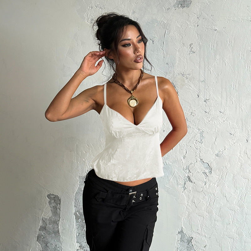 Satin Jacquard Slip Cami Top - V-Neck Loose Fit