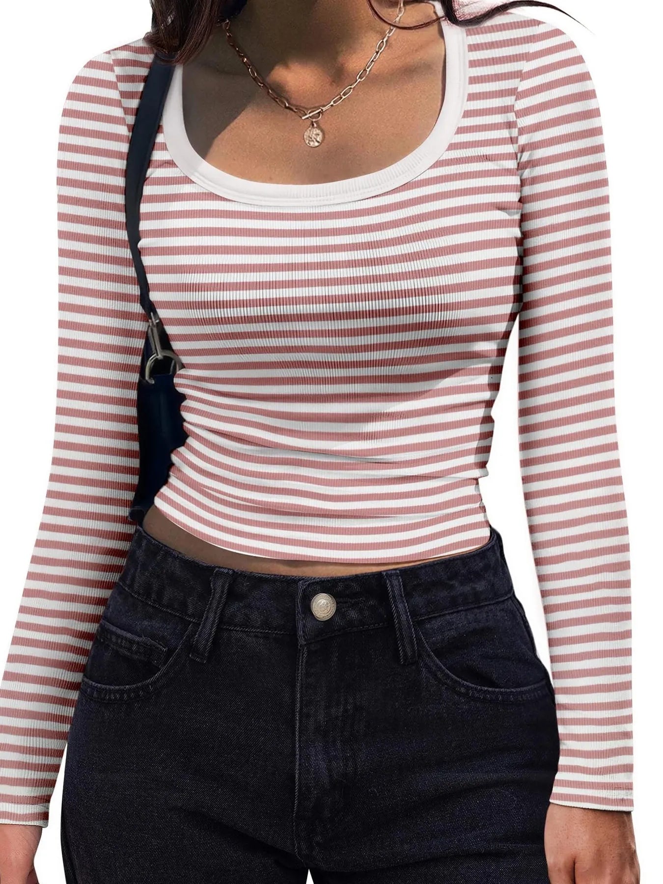 Trendsi Scoop Neck T-Shirt long sleeve pink white striped cropped ribbed fitted top with high waist black jeans