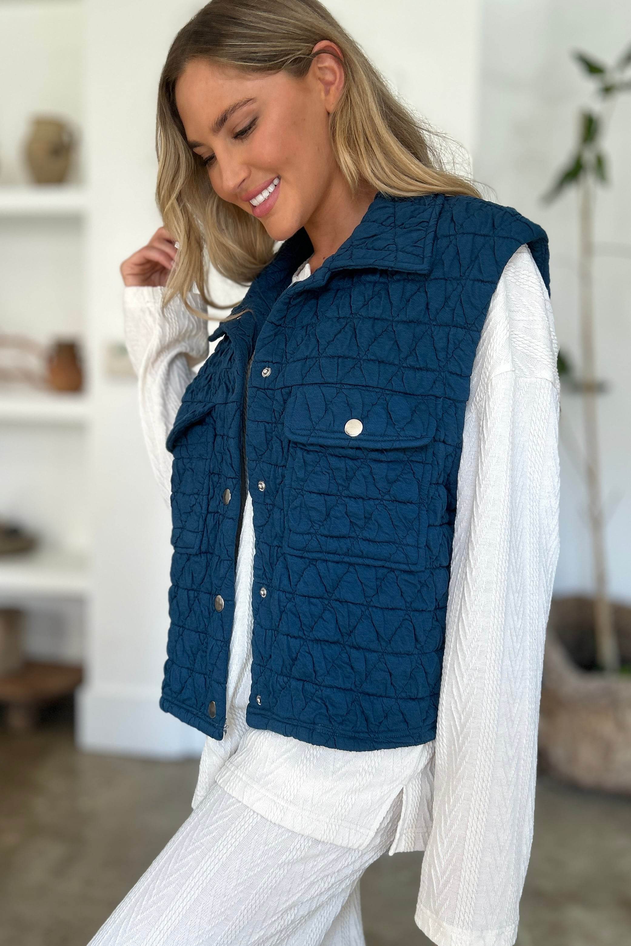 Double Take Full Size Pocketed Texture Snap Down Vest Coat - Fashions Envy
