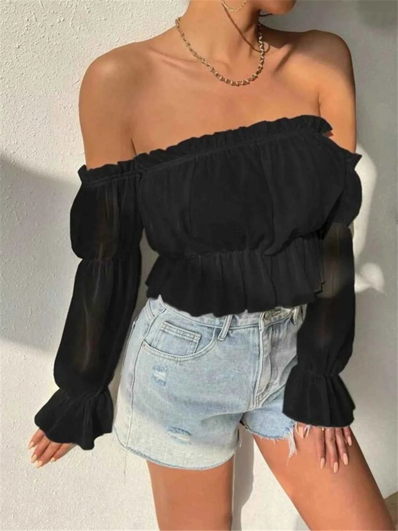 Off-Shoulder Ruffle Trim Sheer Cropped Blouse