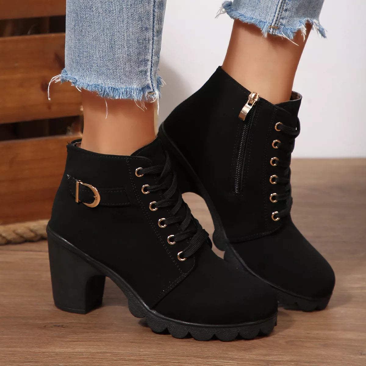 Lace Up Boots - Block High Heels - Fashions Envy