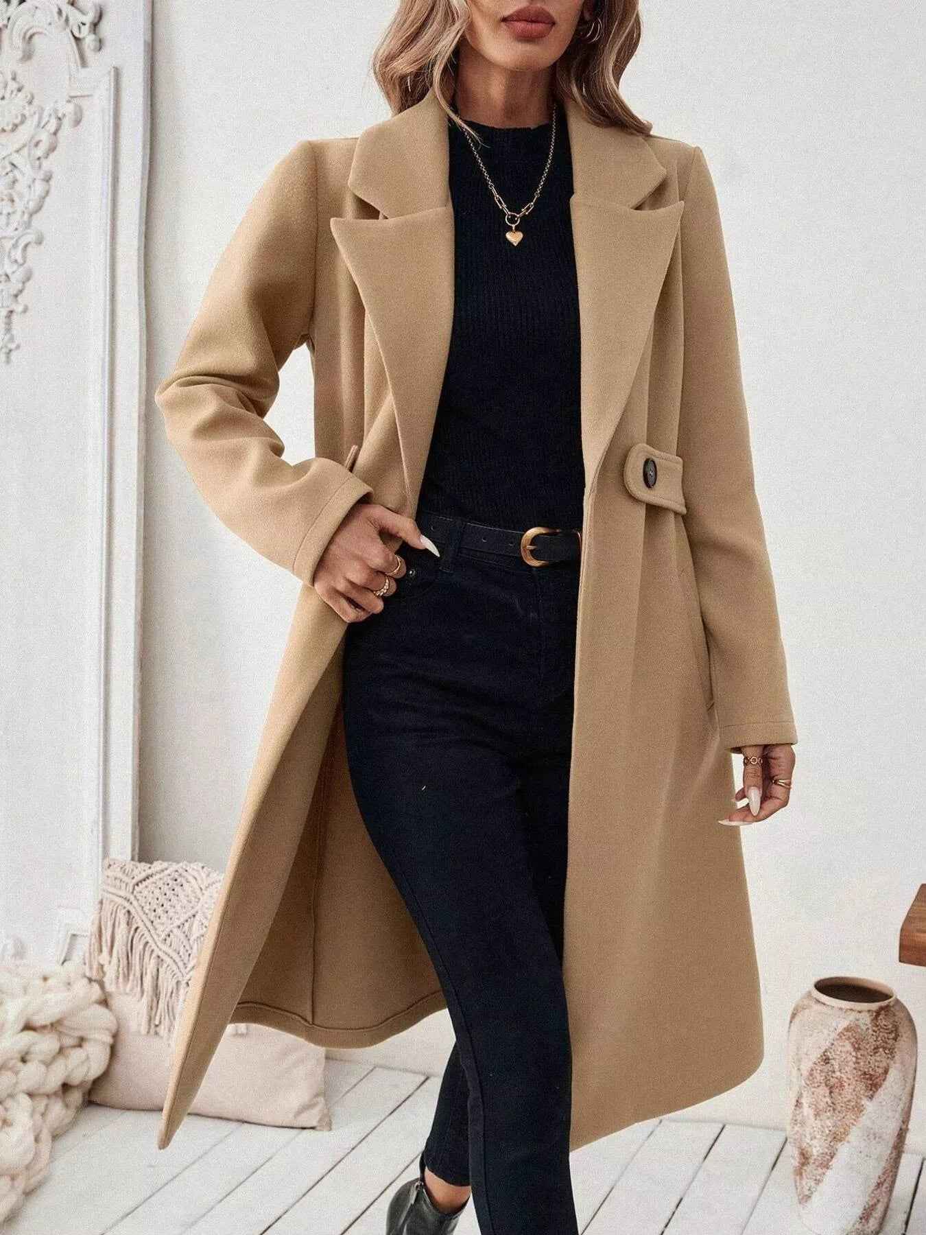 Wool Blend Overcoat - One Button Belted Long Coat - Fashions Envy