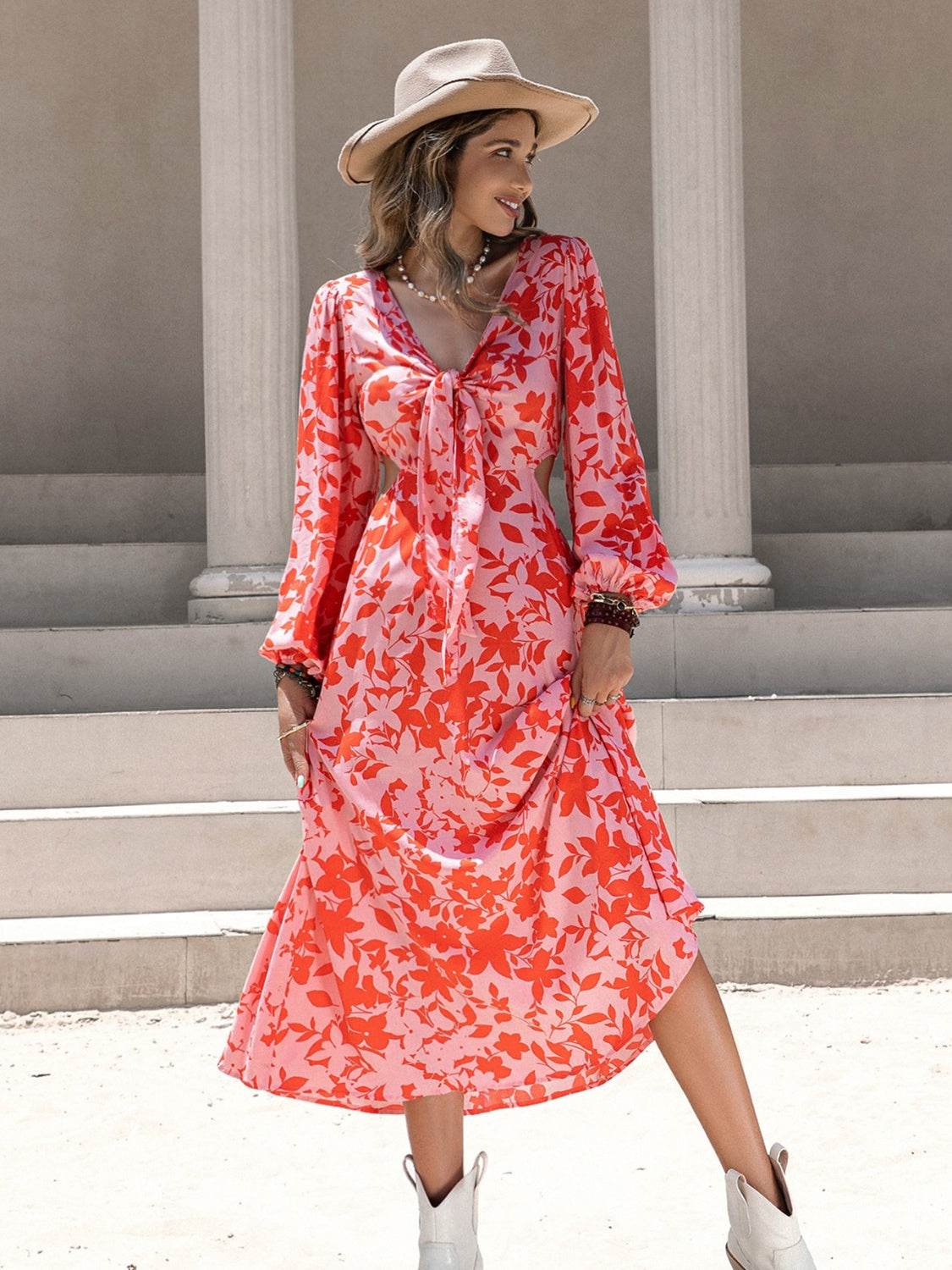 Tied Cutout Printed Long Sleeve Midi Dress - Fashions Envy