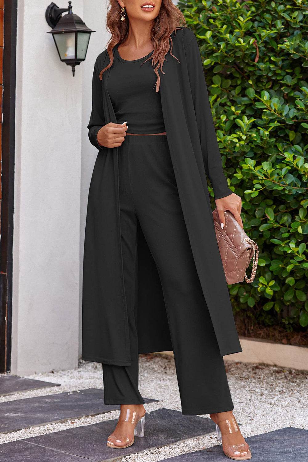 Drawstring Tank - Long Sleeve Cover Up and Pants Set - Fashions Envy