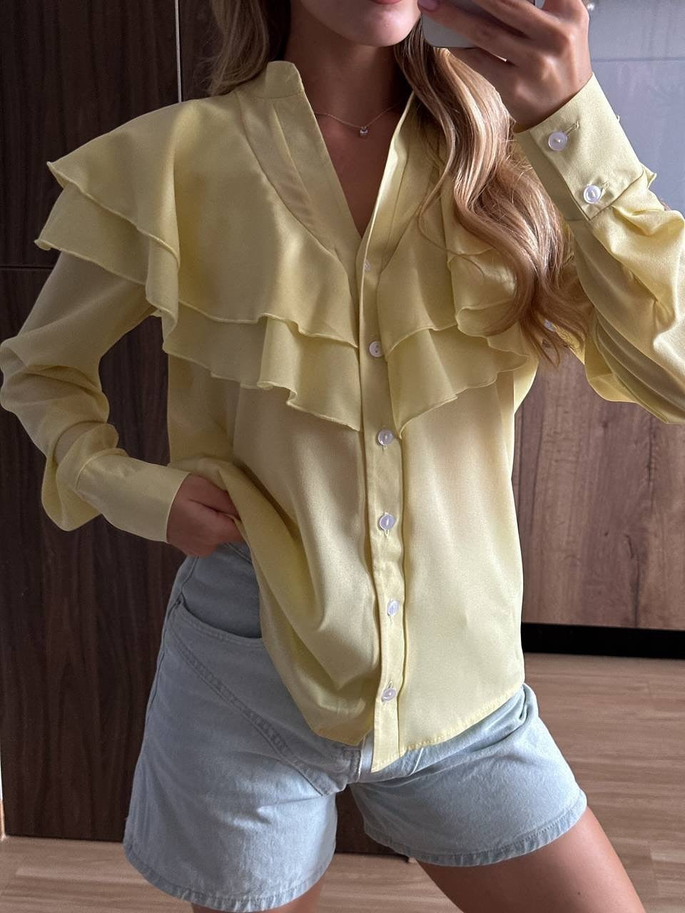 Ruffled V-Neck Blouse - Tiered Collar Chiffon Top