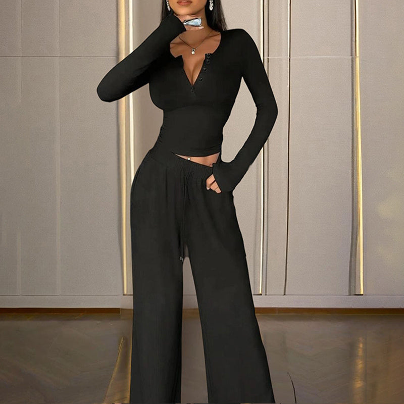 Sexy V-Neck Button-Up Fitted Long Sleeve T-Shirt & High-Waist Flared Wide-Leg Stretchy Pants Set