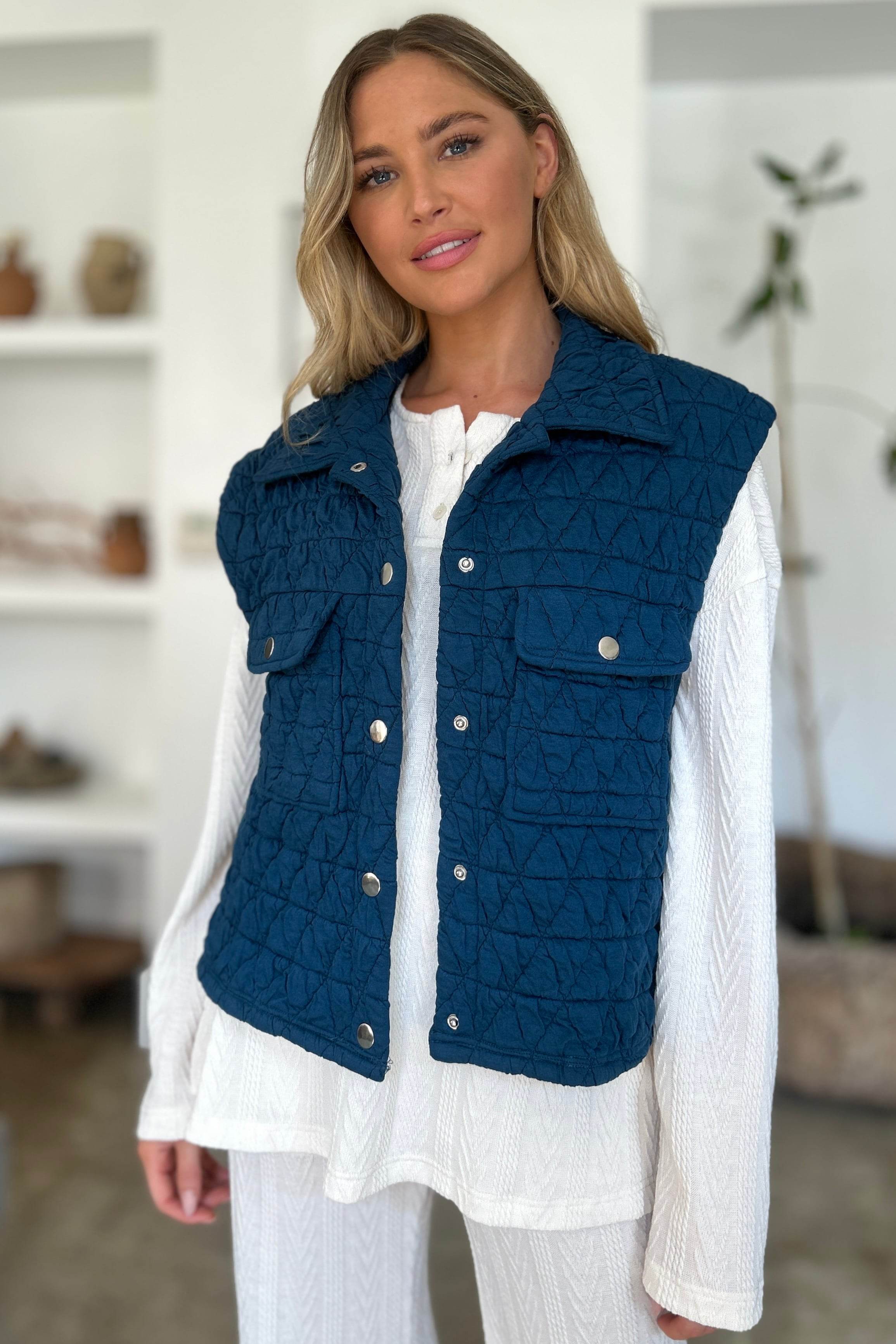 Double Take Full Size Pocketed Texture Snap Down Vest Coat - Fashions Envy