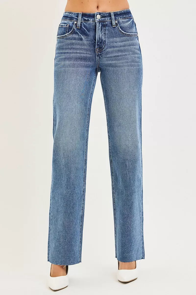 RISEN Straight Jeans - Women's Tummy Control Mid Rise - Fashions Envy
