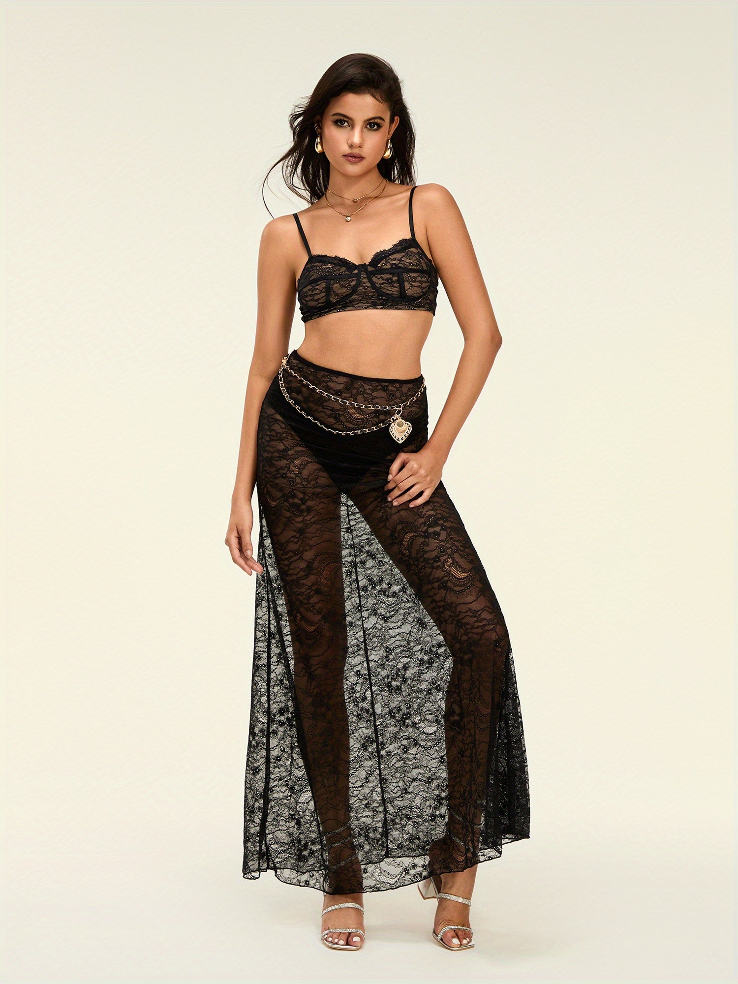Passionate Goddess Sexy Sheer Mesh Bra Halter Top & Maxi Skirt Set