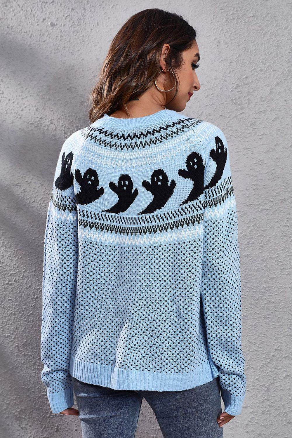 Ghost Pattern Round Neck Long Sleeve Sweater - Fashions Envy
