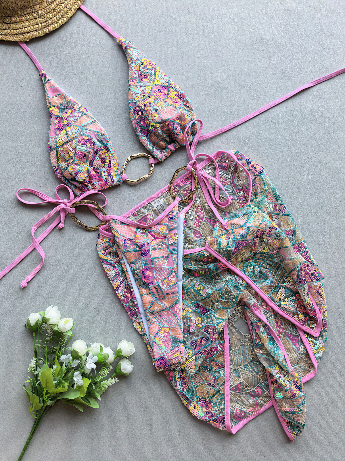 Pink Sequin Bikini Set - Matching Piped Sarong