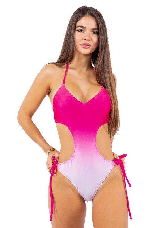 Ombre Side Tied Halter Neck One-Piece Swimsuit