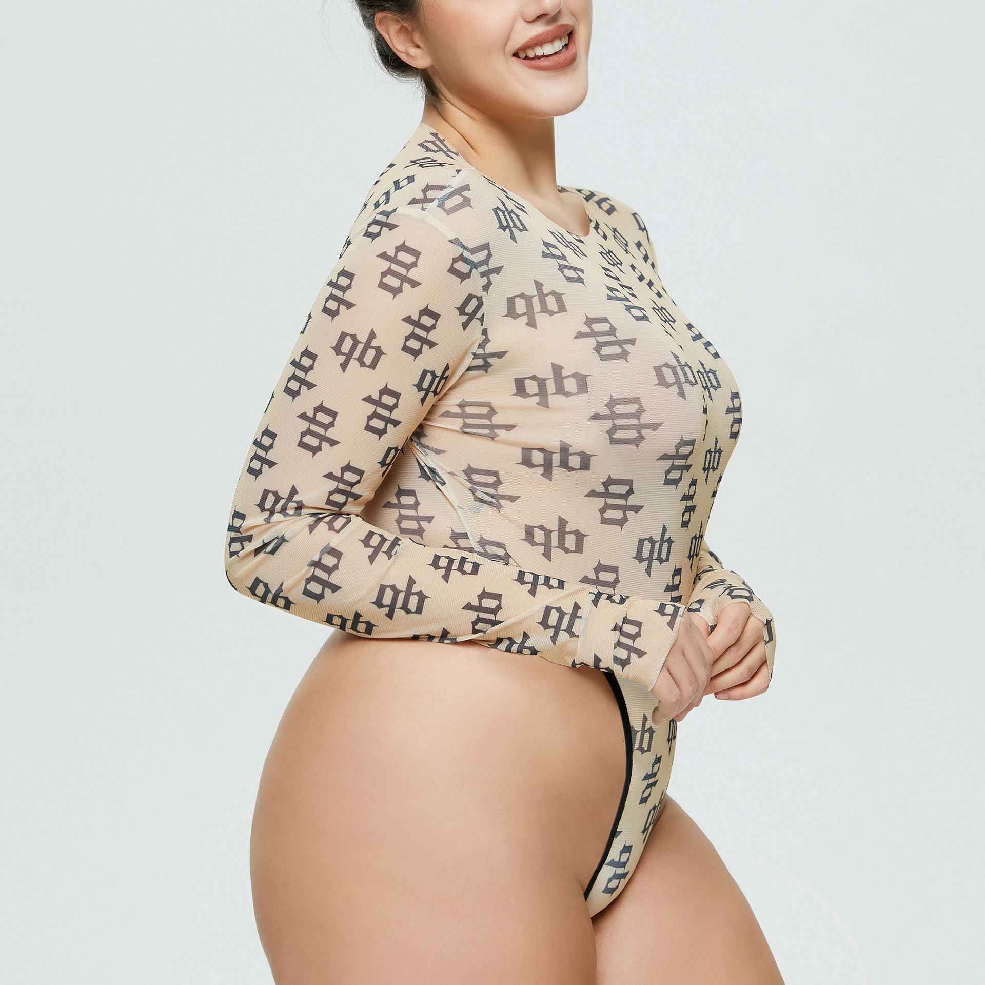 Printed Bodysuit Mesh Bodycon - Long Thumbhole Sleeves