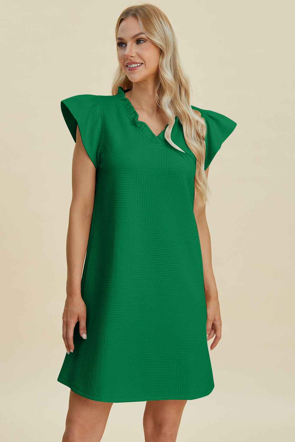 Double Take Full Size Ruffled V-Neck Cap Sleeve Dress