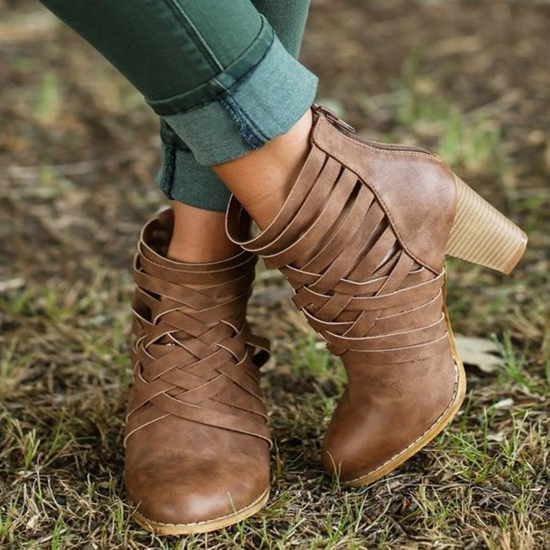 Women's Pointed Thick Heel Boots - Hollow Short Design - Fashions Envy
