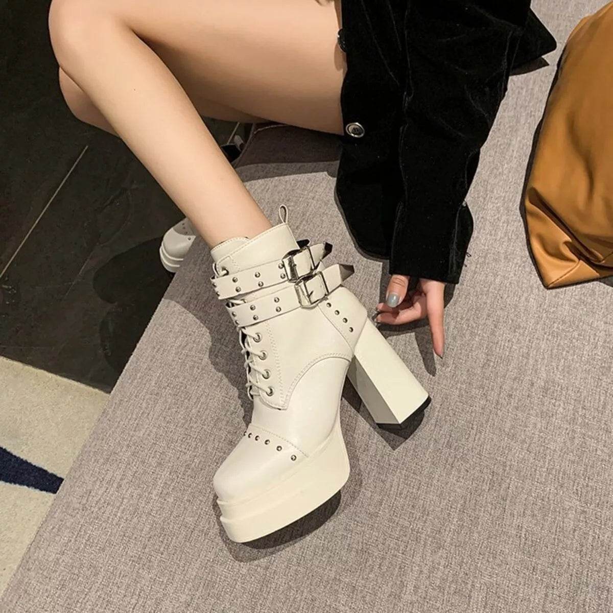 Round Toe Block Heels Boots - High Heel Ankle Boots - Fashions Envy