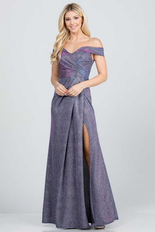 Off The Shoulder Glittery Jacquard Gathered Maxi Gown