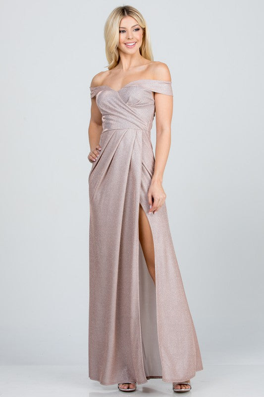 Off The Shoulder Glittery Jacquard Gathered Maxi Gown
