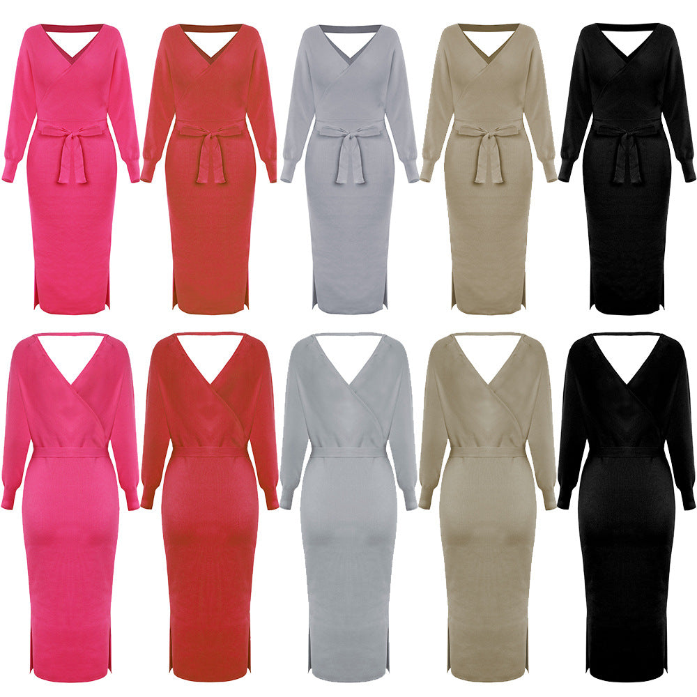 Autumn and winter new knit dress slim V-neck sweater dress