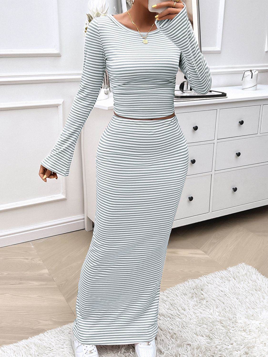 Devine Striped Boat Neck Top and Skirt Set - Fashions Envy