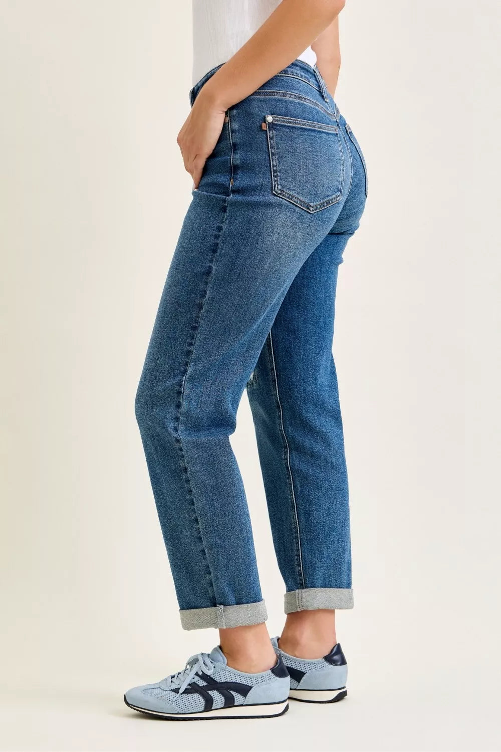 Judy Blue Mid Rise Boyfriend Embroidered Repair Patch Jeans - Fashions Envy