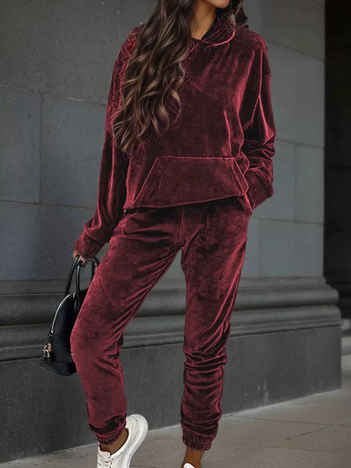 Velvet Long Sleeve Hoodie and Pants Set
