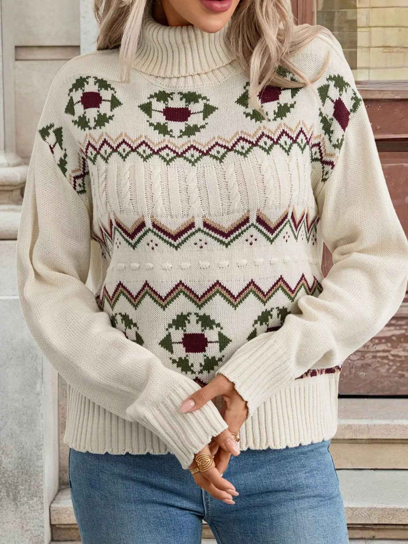 Cable Knit Turtleneck Sweater - Fair Isle Holiday Style - Fashions Envy