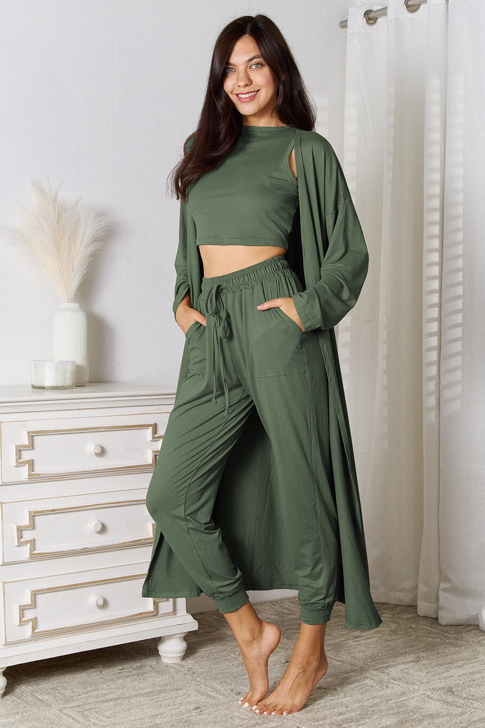 Crop Tank Top & Capri Pants with Long Cardigan Set