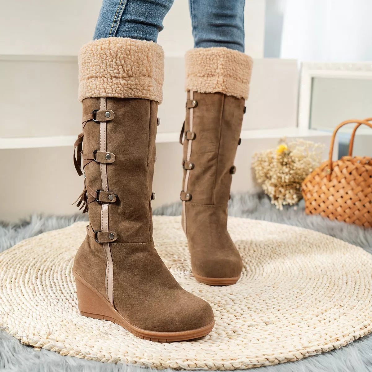 Suede Wedge Boots with Fur Cuff - Fashions Envy