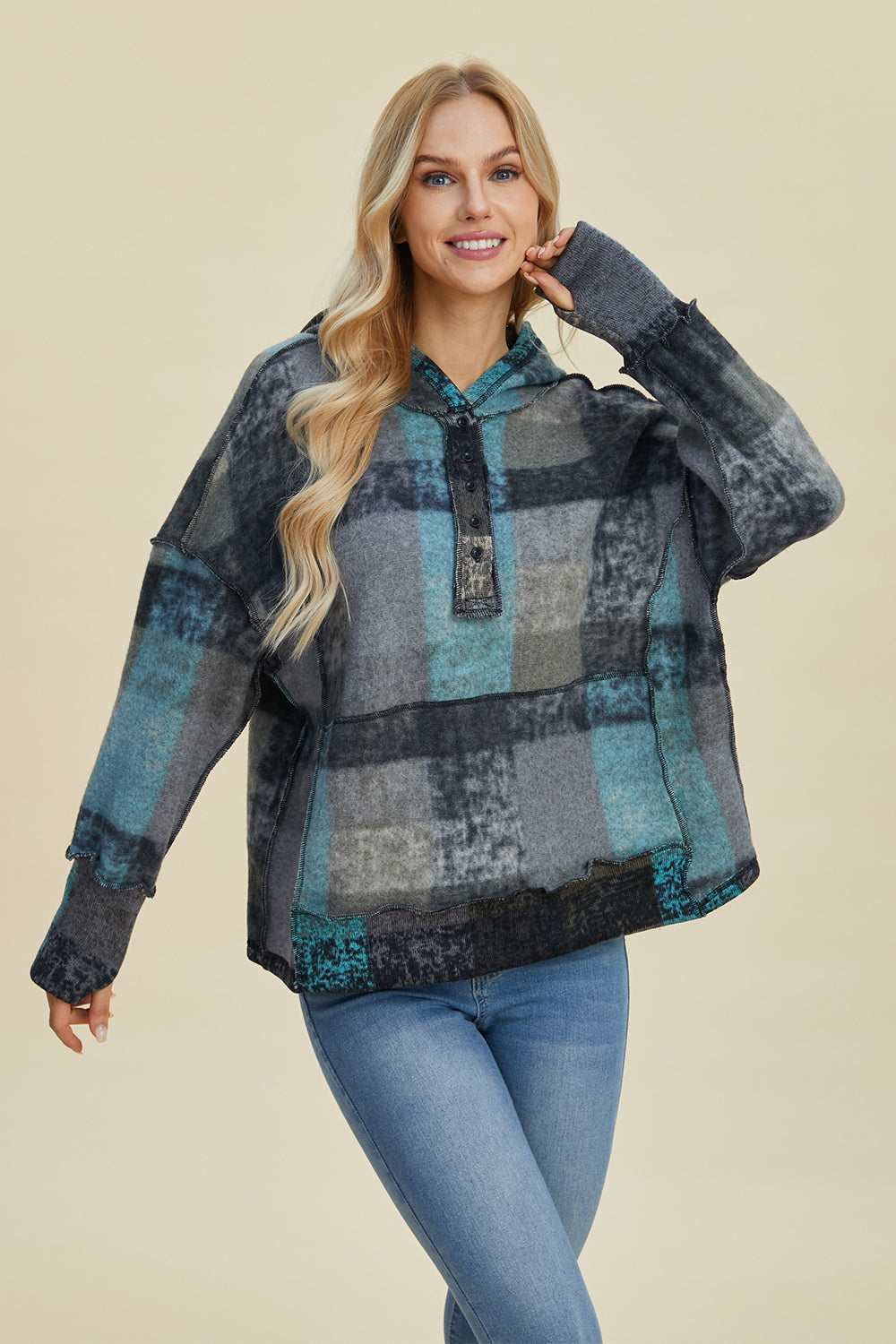 Double Take Full Size Plaid Dropped Shoulder Hoodie - Fashions Envy