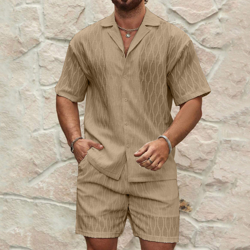 Men's Summer Fashion Solid Loose Casual Two Pieces Lapel Button Shirt Shorts Set